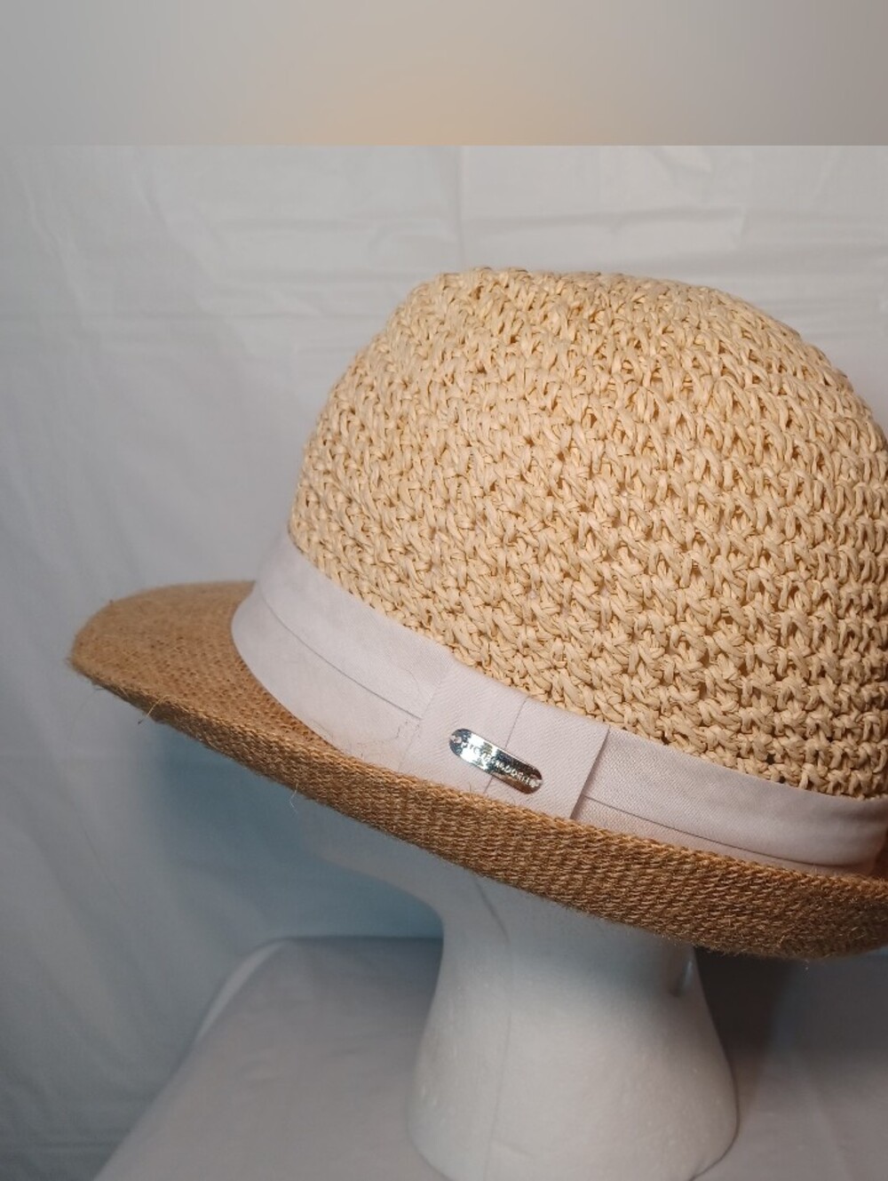Steve Madden Paper Crochet Straw Fedora Hat with Cream Band Lightweight Comfort